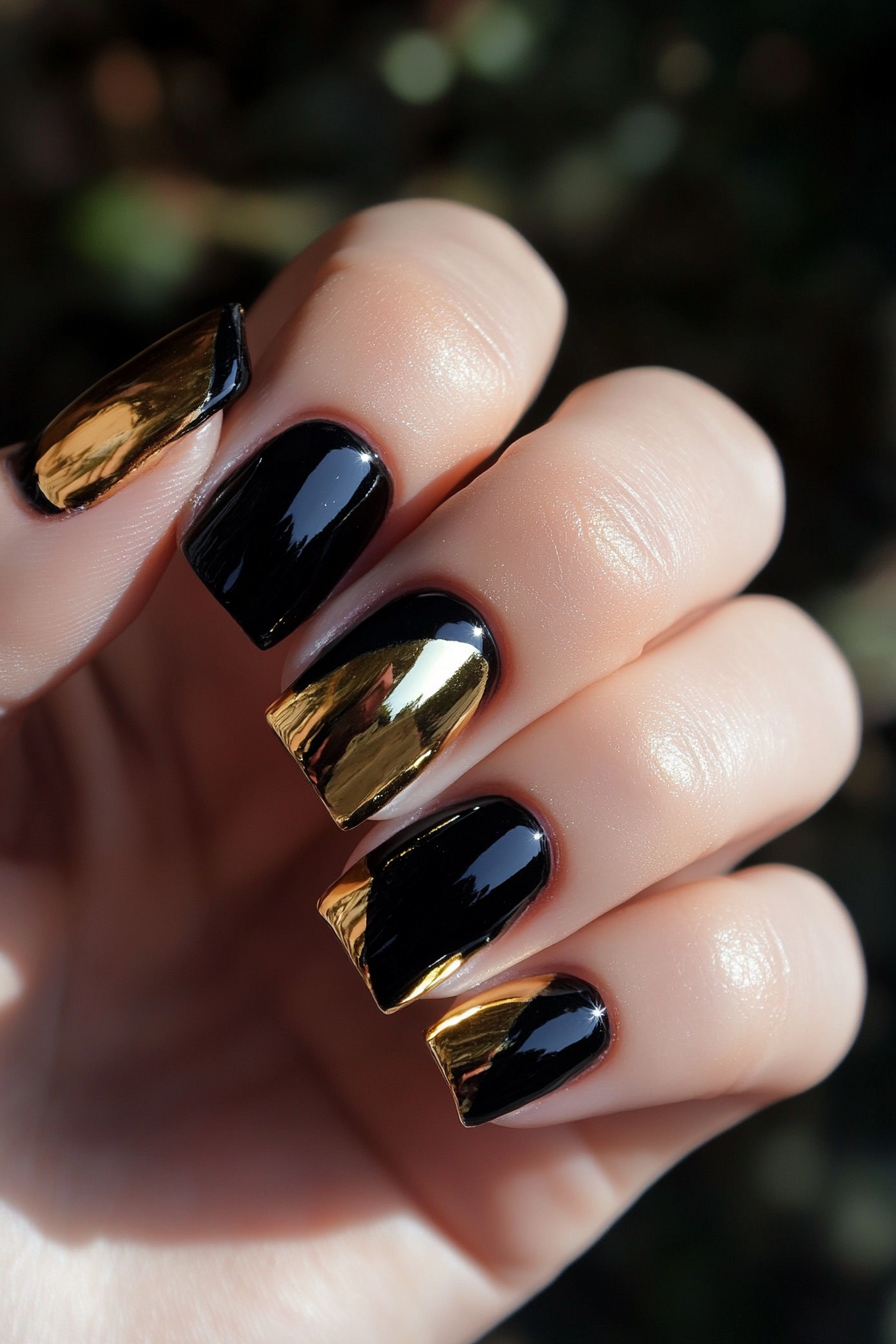 10. Half-Moon Gold (Black And Gold Nail Design Ideas) - Black And Gold Nail Design Ideas