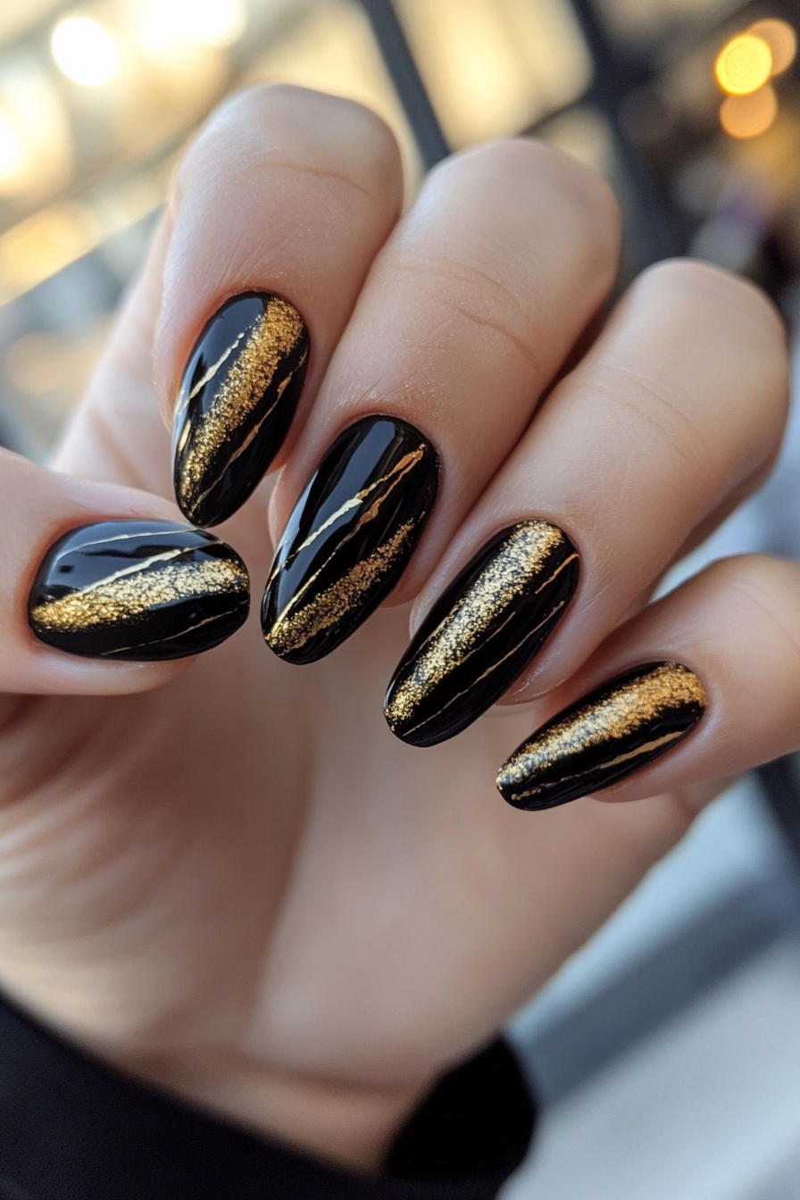 12. Diagonal Gold Stripes (Black And Gold Nail Design Ideas) - Black And Gold Nail Design Ideas