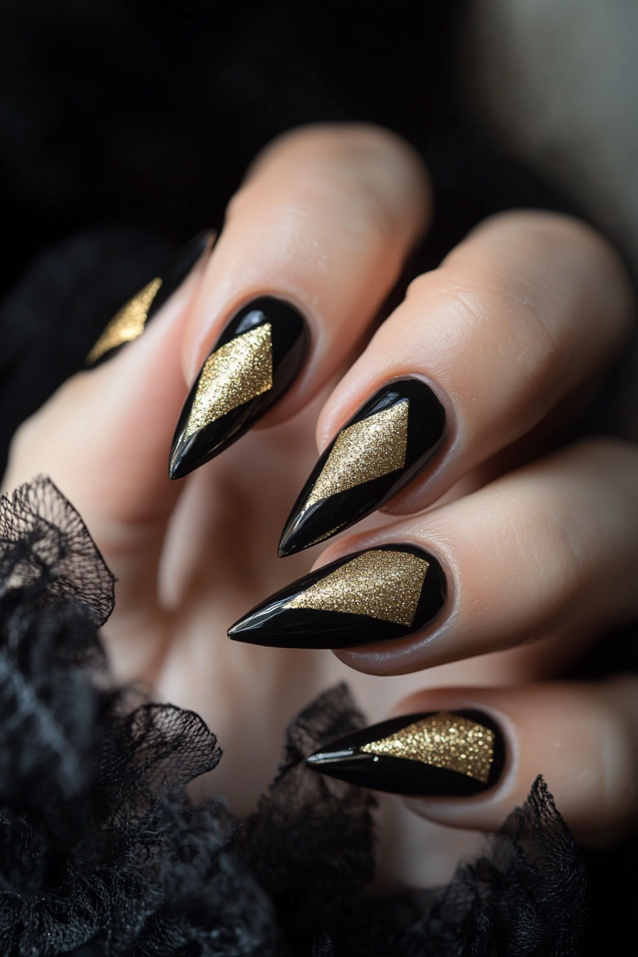 13. Gold Triangle Inlays (Black And Gold Nail Design Ideas) - Black And Gold Nail Design Ideas
