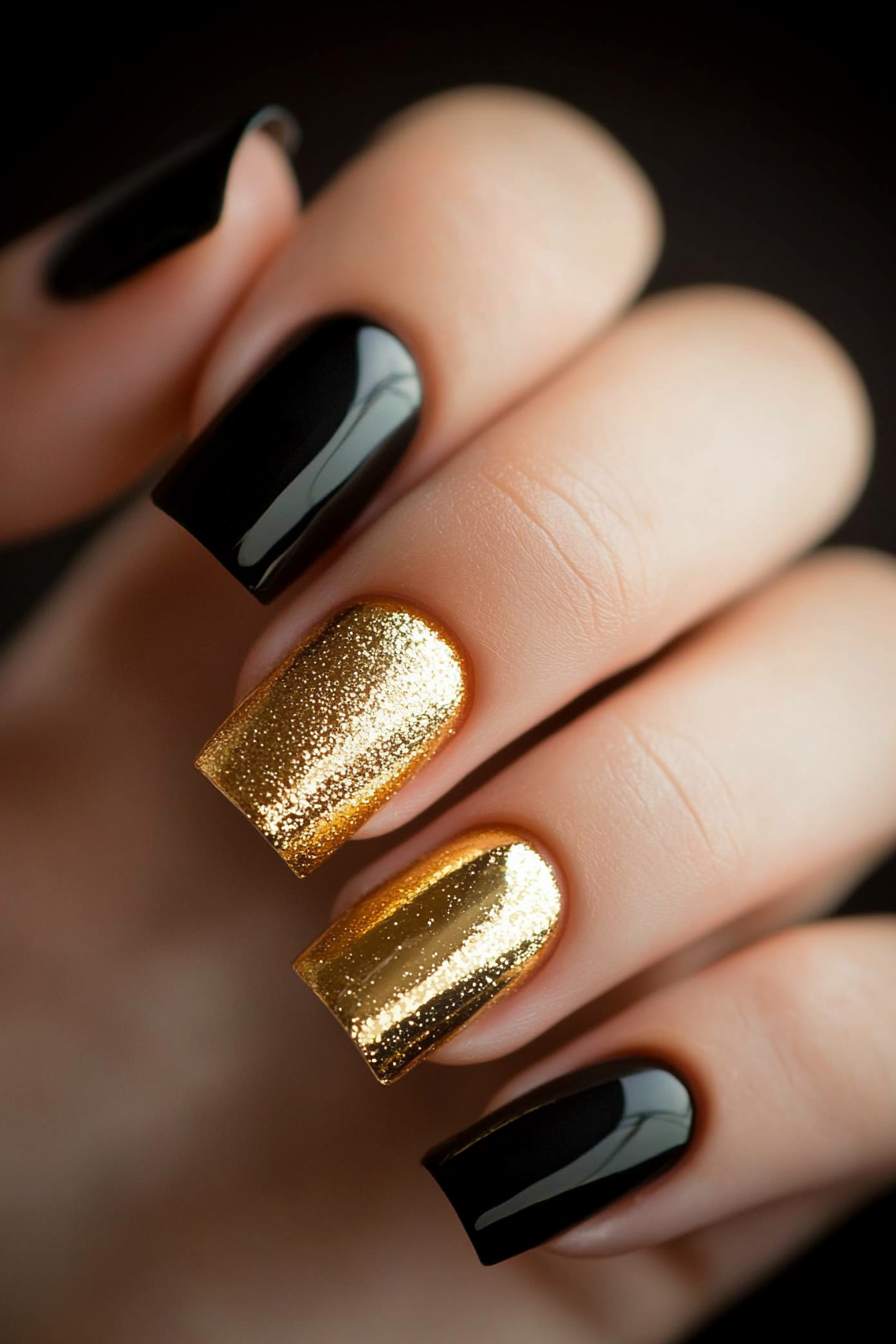 14. Gold-Covered Accent Nail (Black And Gold Nail Design Ideas) - Black And Gold Nail Design Ideas
