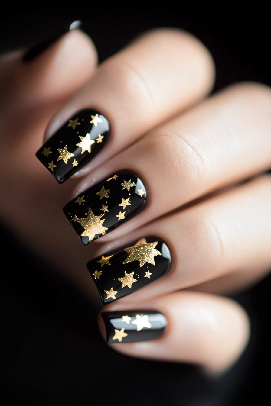 15. Gold Stars on Black (Black And Gold Nail Design Ideas) - Black And Gold Nail Design Ideas