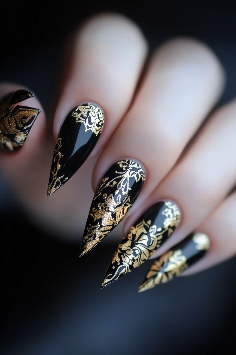 16. Black Stiletto with Gold Detail (Black And Gold Nail Design Ideas) - Black And Gold Nail Design Ideas