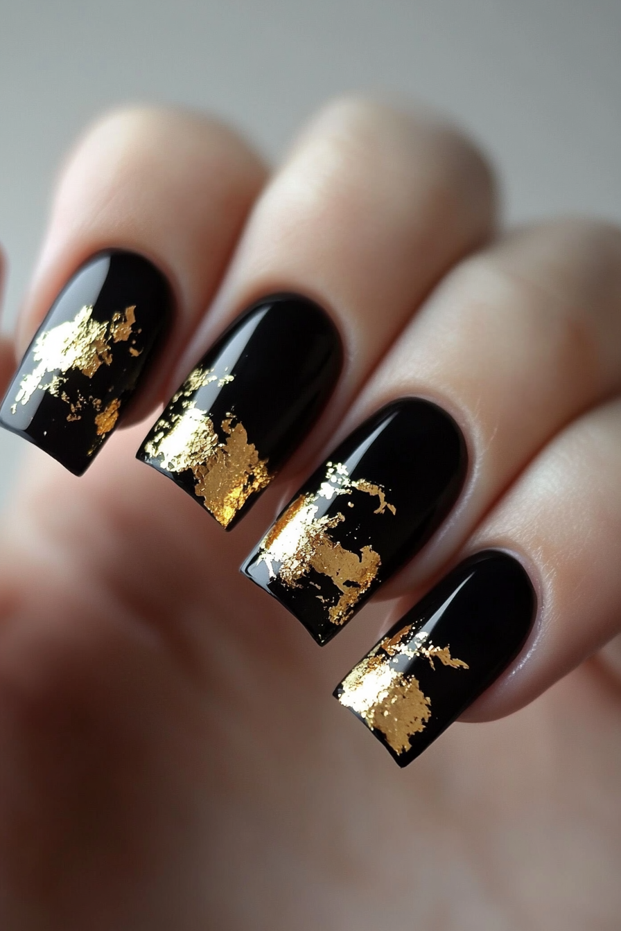 18. Black with Gold Leaf Outline (Black And Gold Nail Design Ideas) - Black And Gold Nail Design Ideas