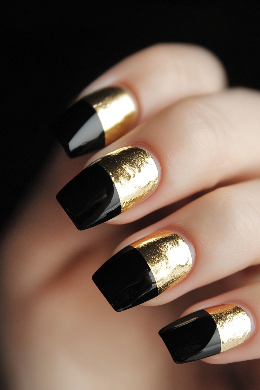 19. Gold Accent Crescent (Black And Gold Nail Design Ideas) - Black And Gold Nail Design Ideas