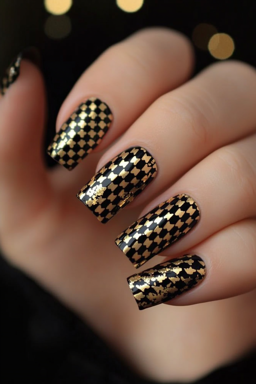 20. Black and Gold Houndstooth (Black And Gold Nail Design Ideas) - Black And Gold Nail Design Ideas