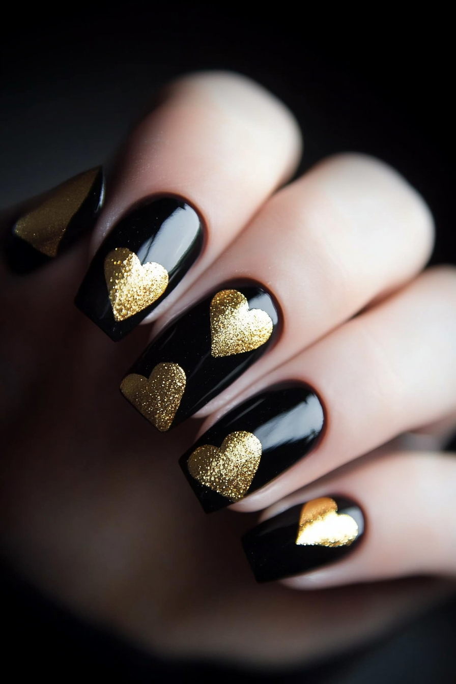 25. Black and Gold Hearts (Black And Gold Nail Design Ideas) - Black And Gold Nail Design Ideas