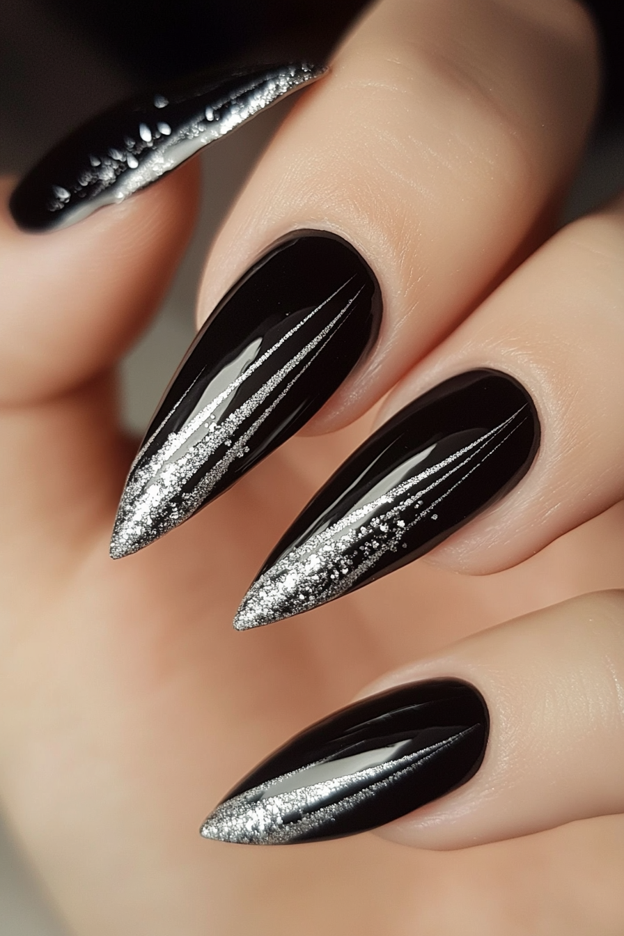 1. Silver Streaks on Black (Black And Silver Nail Design Ideas) - Black And Silver Nail Design Ideas
