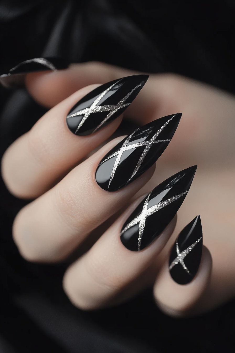 4. Geometric Silver Lines (Black And Silver Nail Design Ideas) - Black And Silver Nail Design Ideas