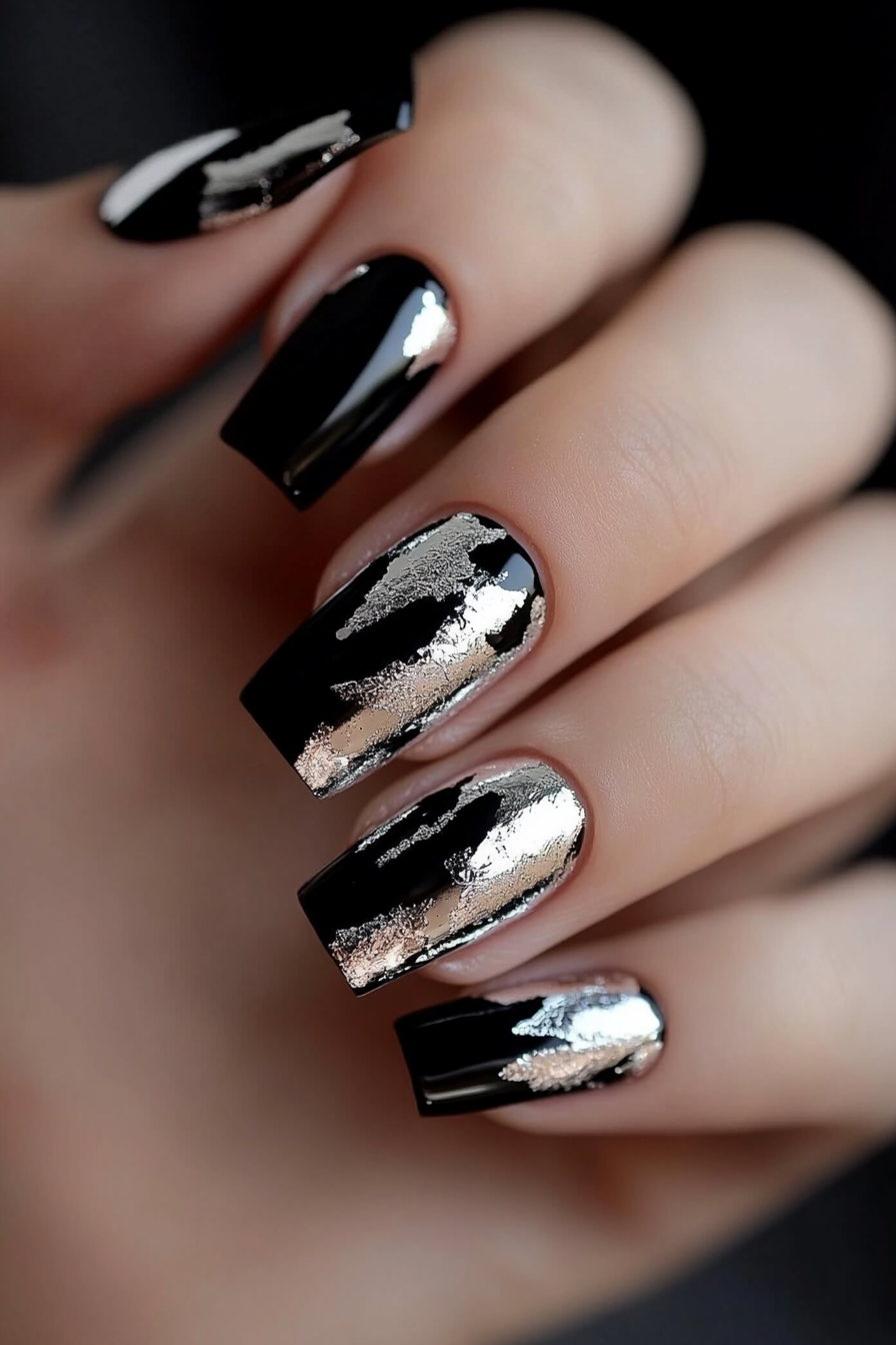7. Silver Foil Flakes (Black And Silver Nail Design Ideas) - Black And Silver Nail Design Ideas