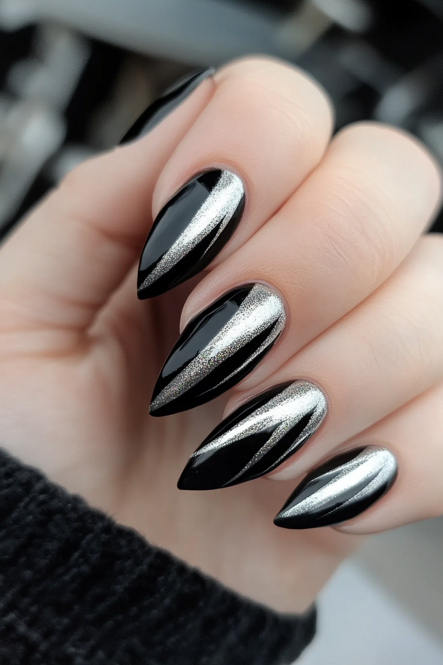 8. Matte Black with Silver Streaks (Black And Silver Nail Design Ideas) - Black And Silver Nail Design Ideas