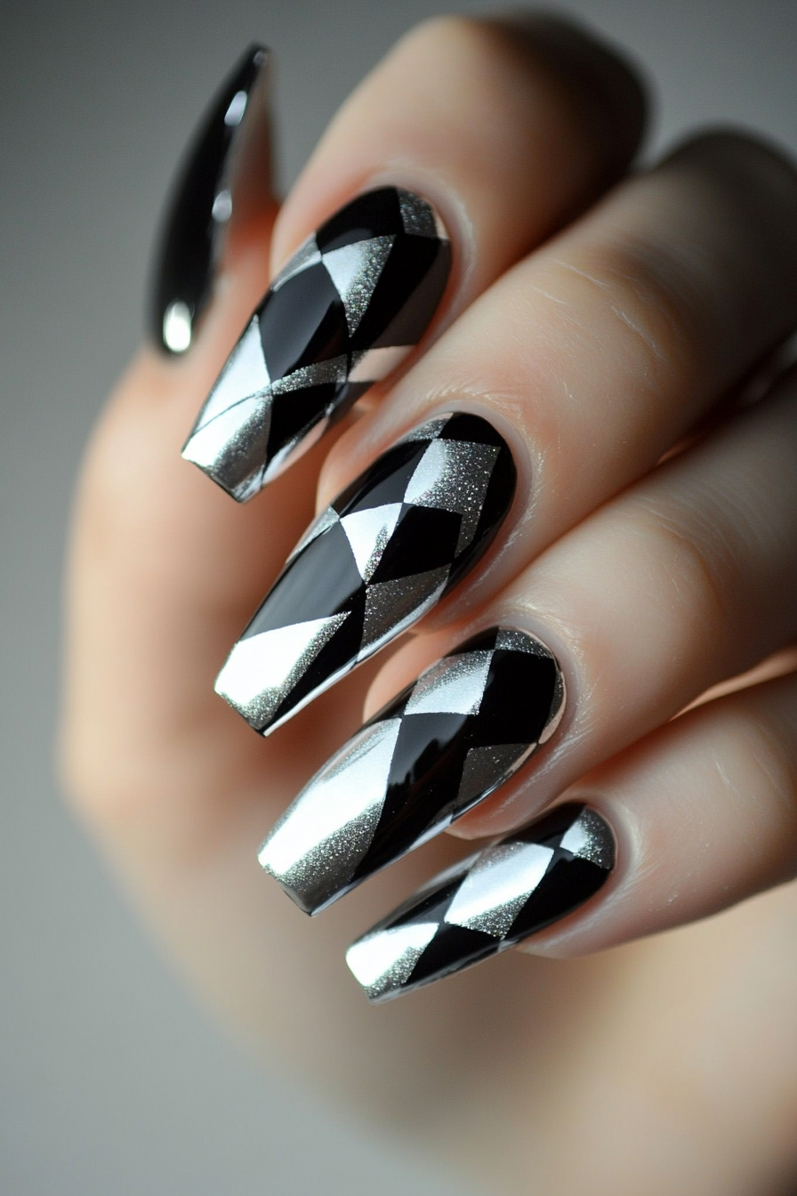 9. Black and Silver Checkerboard (Black And Silver Nail Design Ideas) - Black And Silver Nail Design Ideas