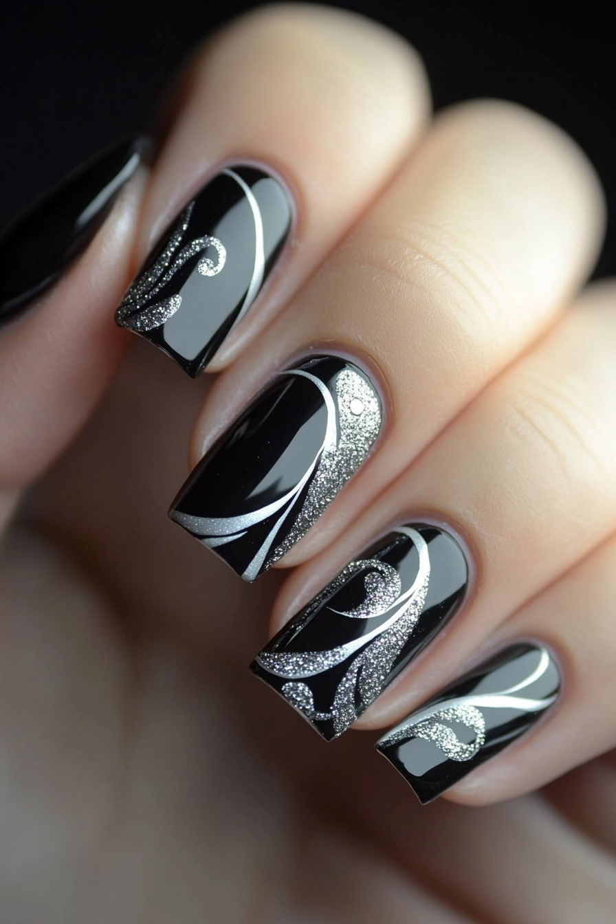 12. Matte Black with Silver Swirls (Black And Silver Nail Design Ideas) - Black And Silver Nail Design Ideas