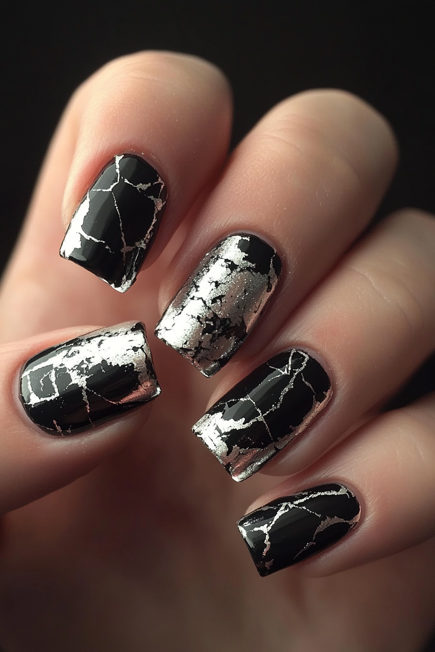13. Silver Cracked Effect (Black And Silver Nail Design Ideas) - Black And Silver Nail Design Ideas