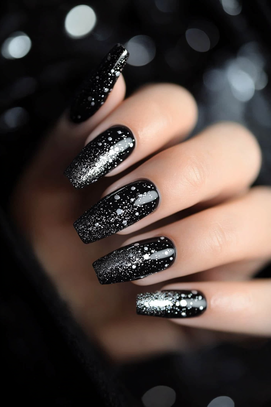 14. Space-Inspired Black and Silver (Black And Silver Nail Design Ideas) - Black And Silver Nail Design Ideas