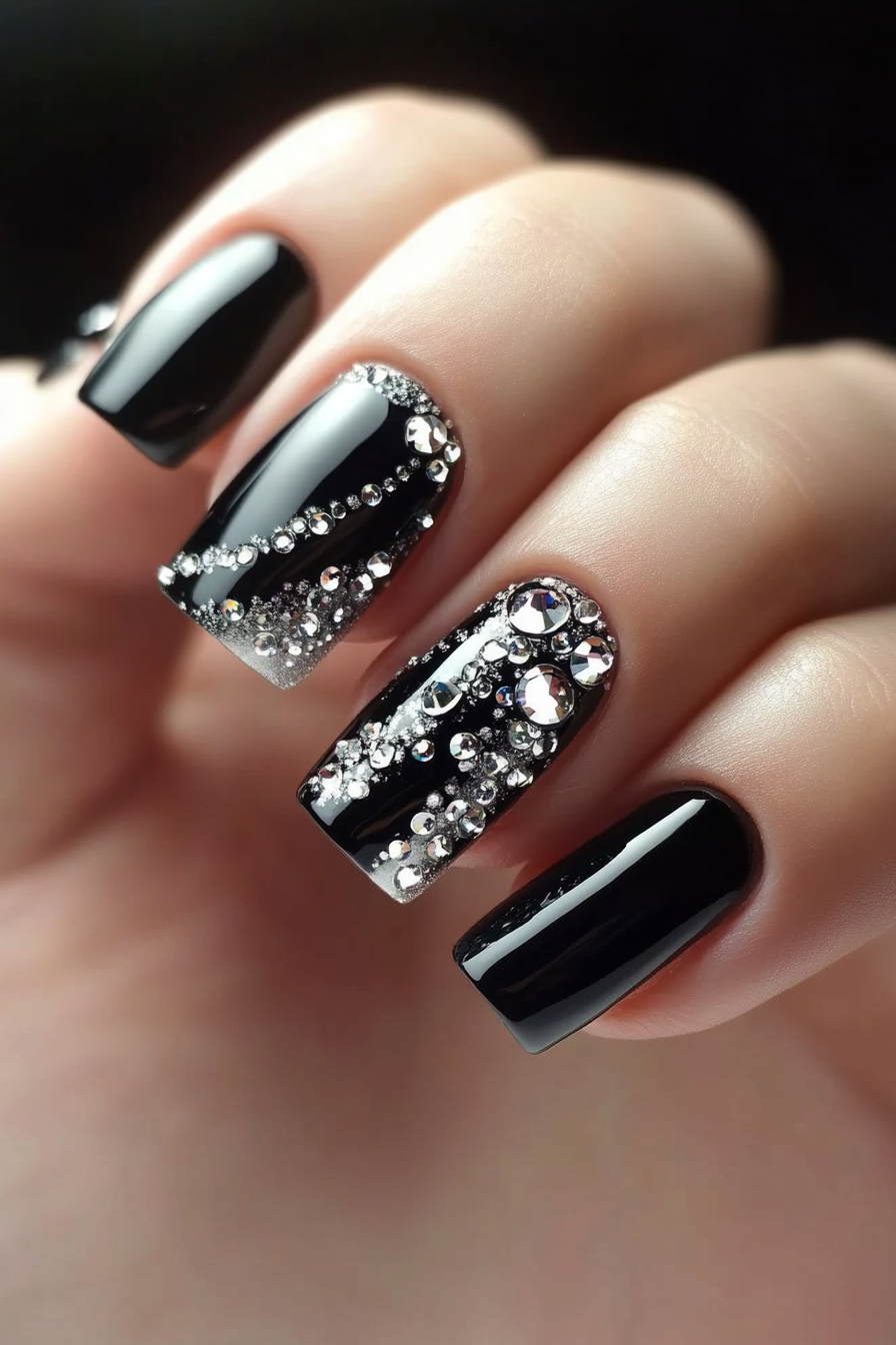 15. Black Nails with Silver Rhinestones (Black And Silver Nail Design Ideas) - Black And Silver Nail Design Ideas