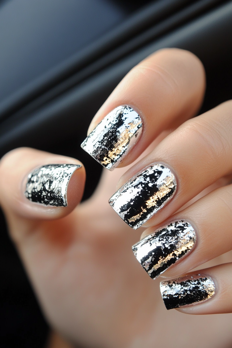 16. Silver-Covered Accent Nail (Black And Silver Nail Design Ideas) - Black And Silver Nail Design Ideas