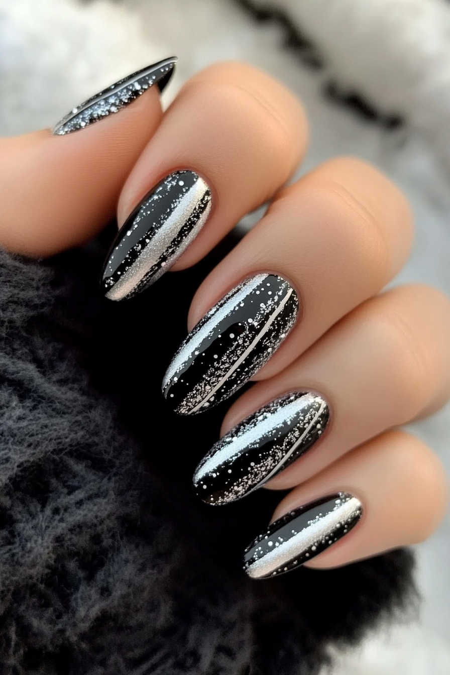 17. Striped Silver Highlights (Black And Silver Nail Design Ideas) - Black And Silver Nail Design Ideas