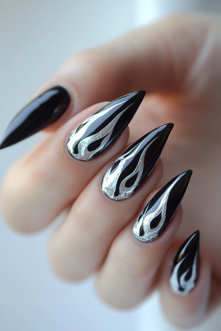 18. Silver Flames (Black And Silver Nail Design Ideas) - Black And Silver Nail Design Ideas