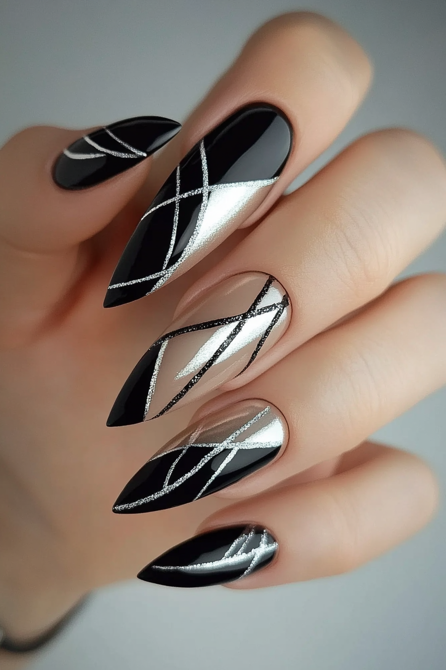19. Black Negative Space with Silver (Black And Silver Nail Design Ideas) - Black And Silver Nail Design Ideas