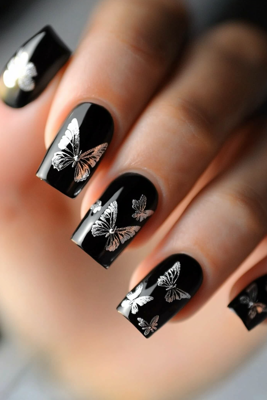 20. Silver Butterfly Accent (Black And Silver Nail Design Ideas) - Black And Silver Nail Design Ideas