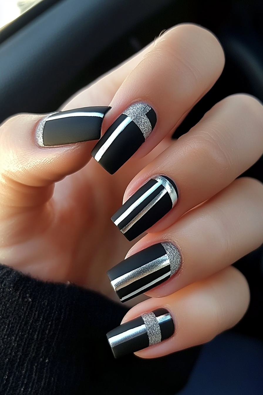 21. Silver Stripes and Black Matte (Black And Silver Nail Design Ideas) - Black And Silver Nail Design Ideas