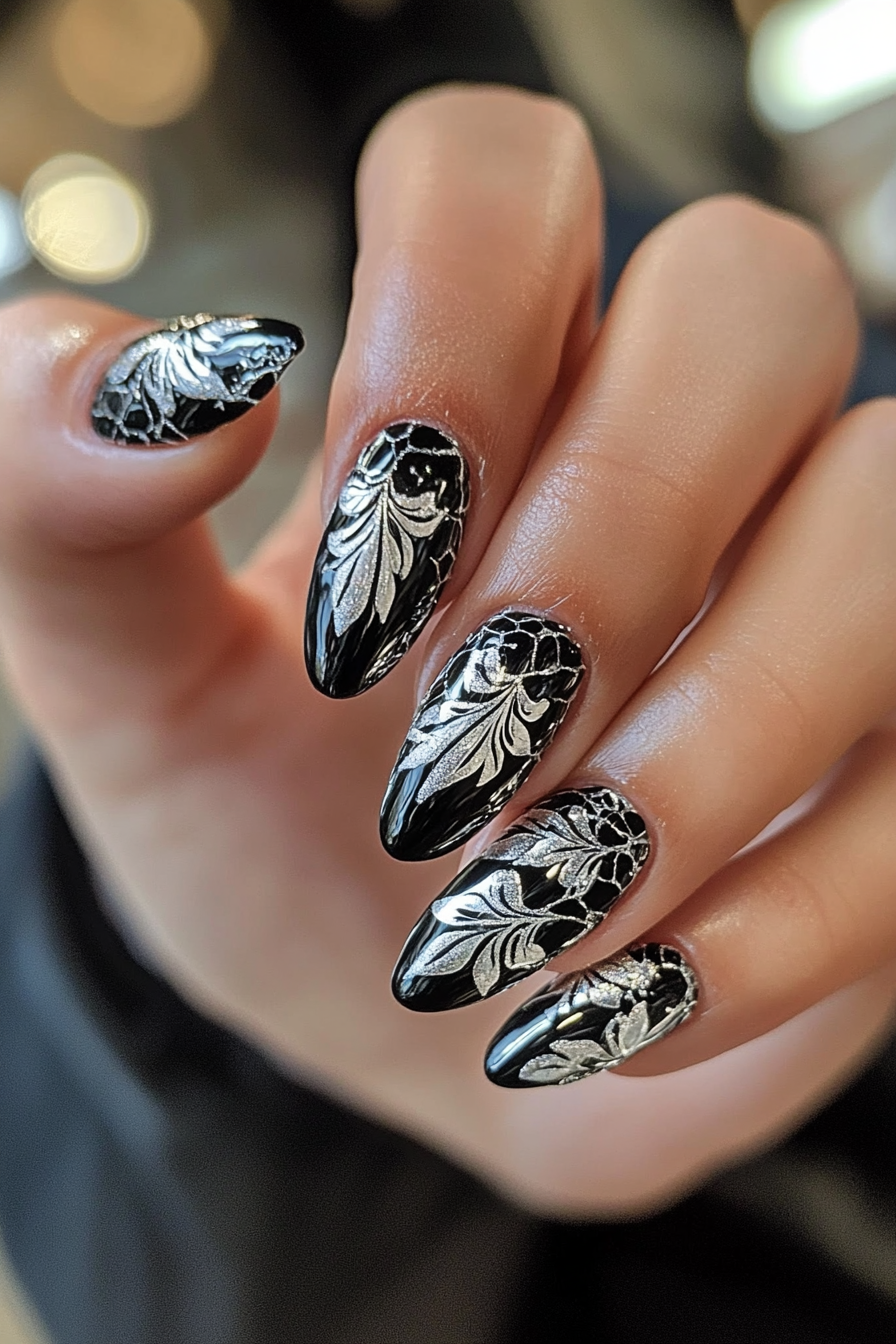 22. Textured Silver Overlays (Black And Silver Nail Design Ideas) - Black And Silver Nail Design Ideas
