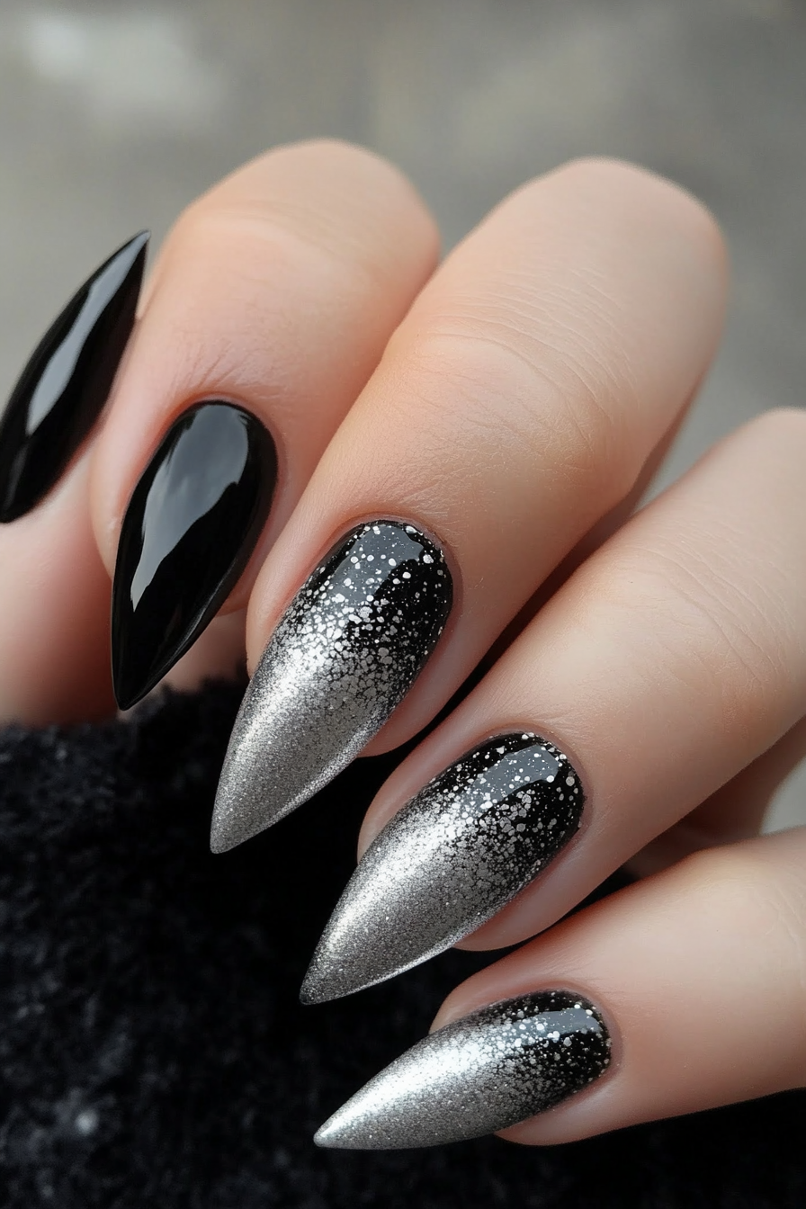 23. Silver Streaked Gradient (Black And Silver Nail Design Ideas) - Black And Silver Nail Design Ideas