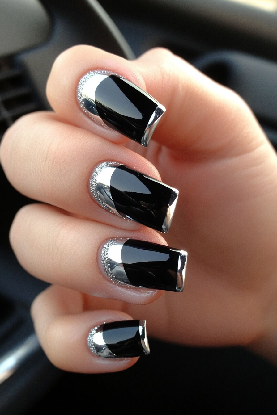 24. Bold Black Base with Silver Edging (Black And Silver Nail Design Ideas) - Black And Silver Nail Design Ideas
