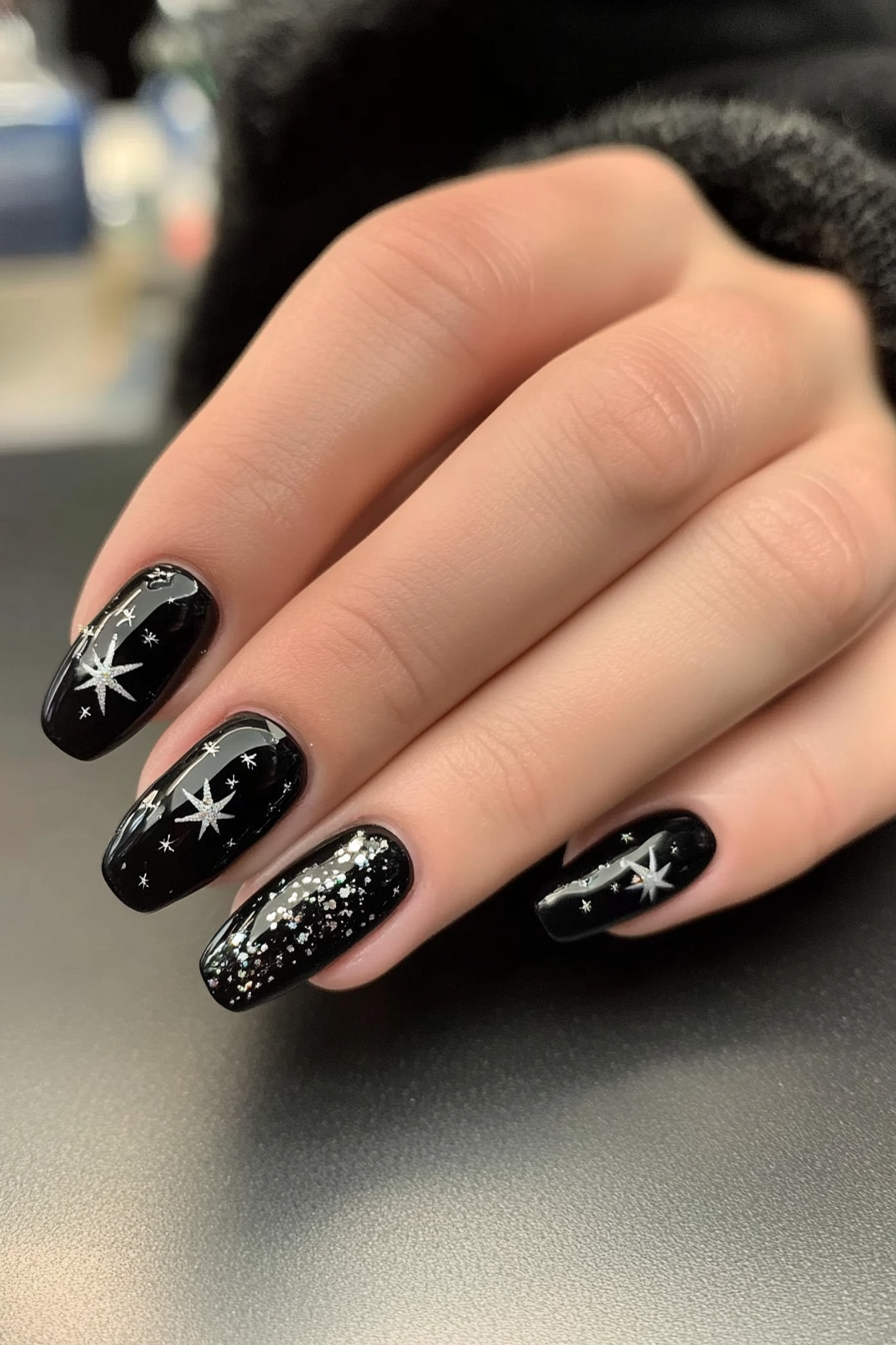 25. Silver Stars on Black (Black And Silver Nail Design Ideas) - Black And Silver Nail Design Ideas
