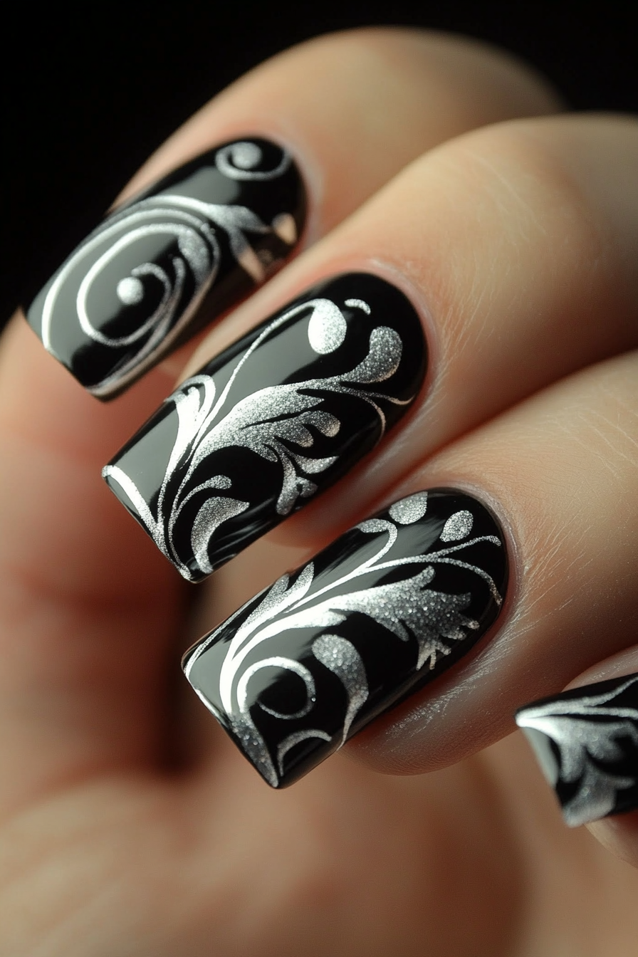 26. Abstract Silver Swirls (Black And Silver Nail Design Ideas) - Black And Silver Nail Design Ideas