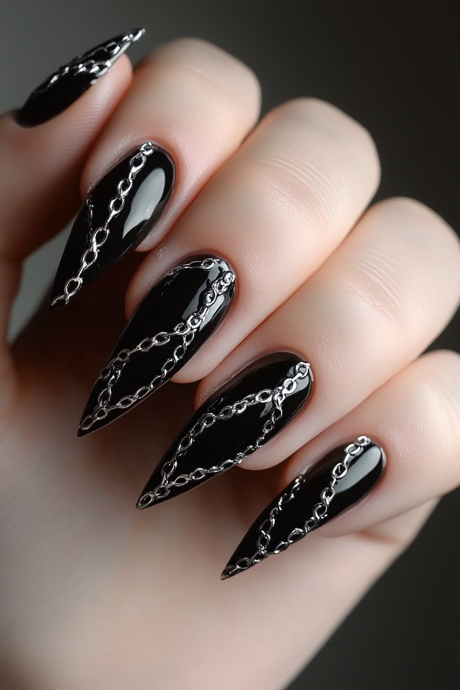 27. Black with Silver Chains (Black And Silver Nail Design Ideas) - Black And Silver Nail Design Ideas