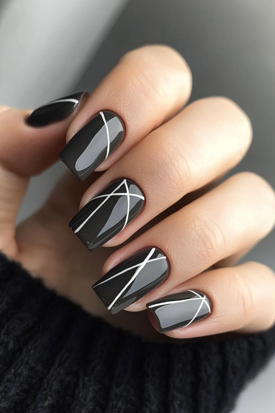 12. Smokey Grey with White Lines (Elegant Nail Art Design Ideas) - Elegant Nail Art Design Ideas