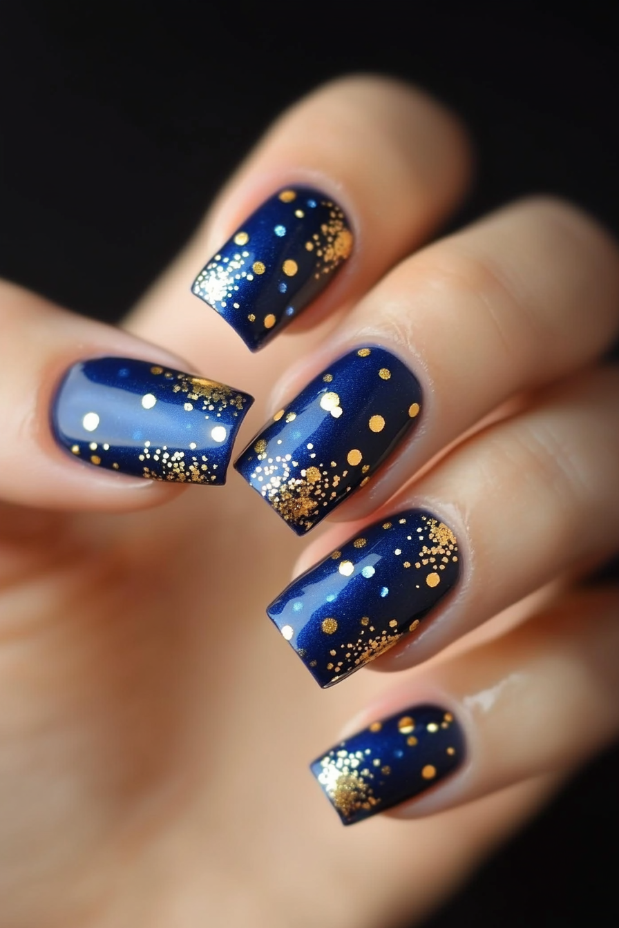 15. Polished Blue with Gold Dots (Elegant Nail Art Design Ideas) - Elegant Nail Art Design Ideas