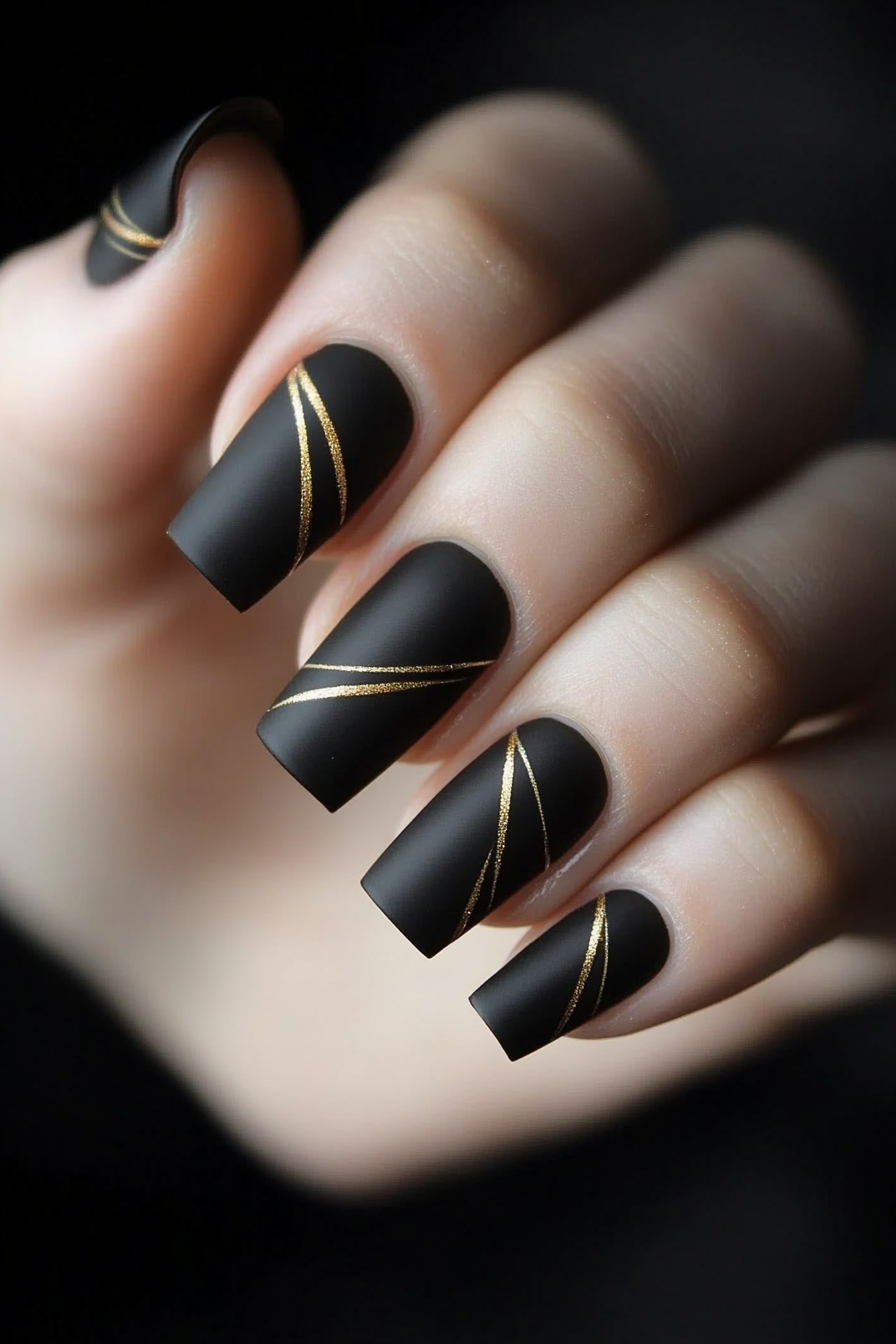 16. Matte Black with Gold Lining (Elegant Nail Art Design Ideas) - Elegant Nail Art Design Ideas
