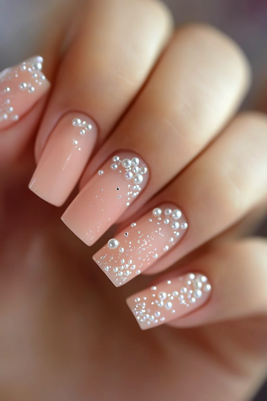 18. Soft Peach with Pearl Accents (Elegant Nail Art Design Ideas) - Elegant Nail Art Design Ideas