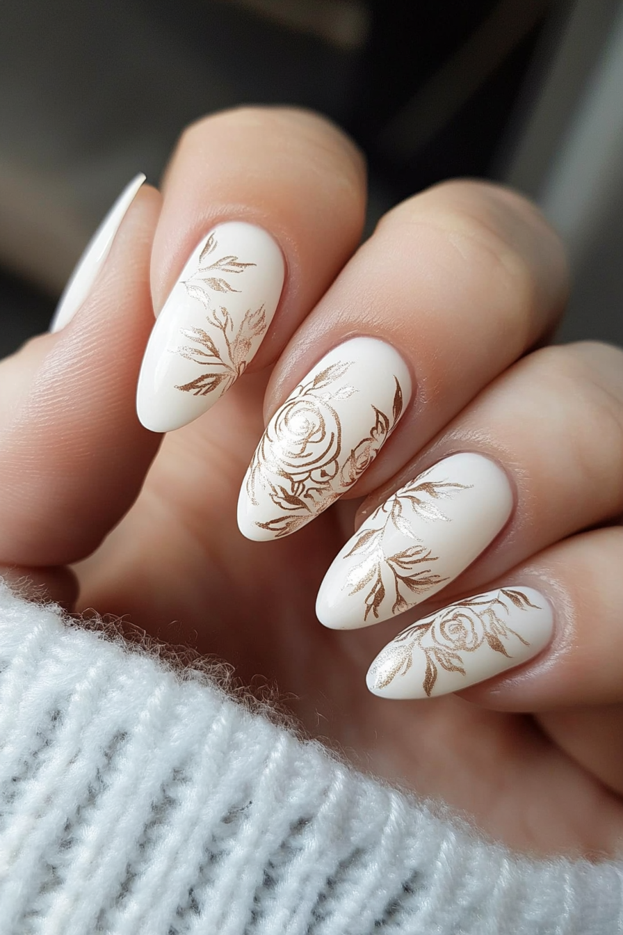 19. Creamy White with Rose Stamps (Elegant Nail Art Design Ideas) - Elegant Nail Art Design Ideas