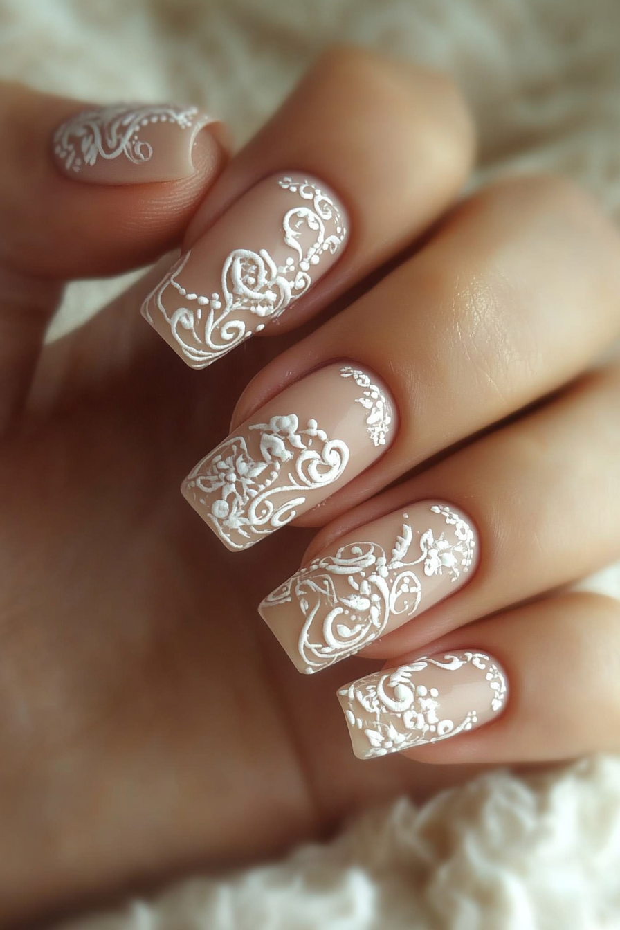 21. Beige with Lace Detailing (Elegant Nail Art Design Ideas) - Elegant Nail Art Design Ideas