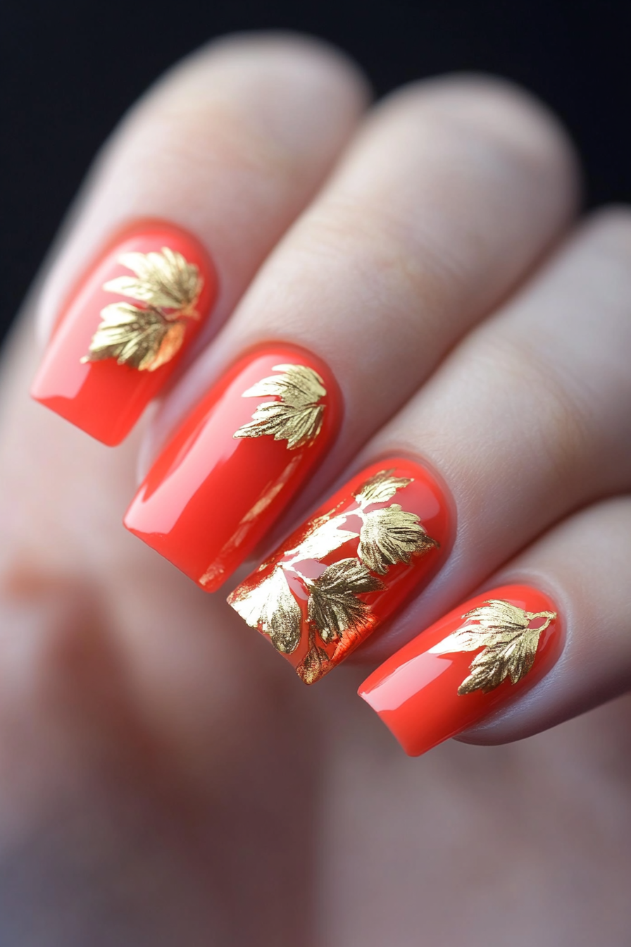 22. Soft Coral and Gold Leaf (Elegant Nail Art Design Ideas) - Elegant Nail Art Design Ideas