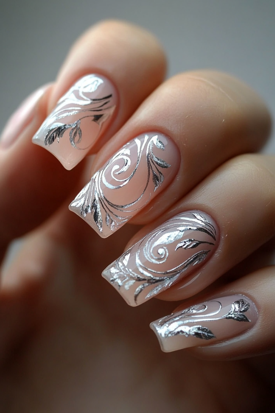 23. Champagne Pink and Silver Swirls (Elegant Nail Art Design Ideas) - Elegant Nail Art Design Ideas