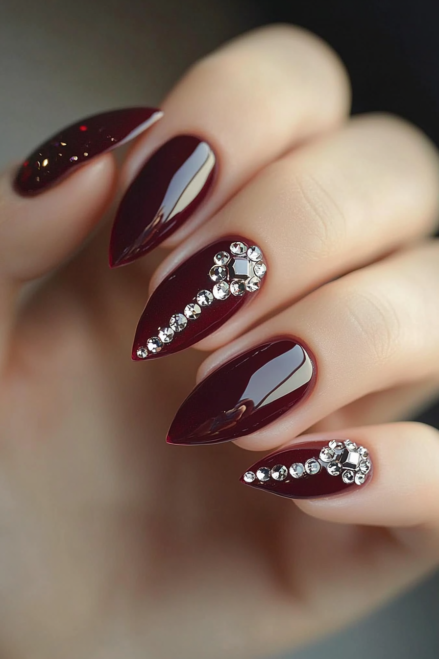 24. Luxe Burgundy with Diamonds (Elegant Nail Art Design Ideas) - Elegant Nail Art Design Ideas