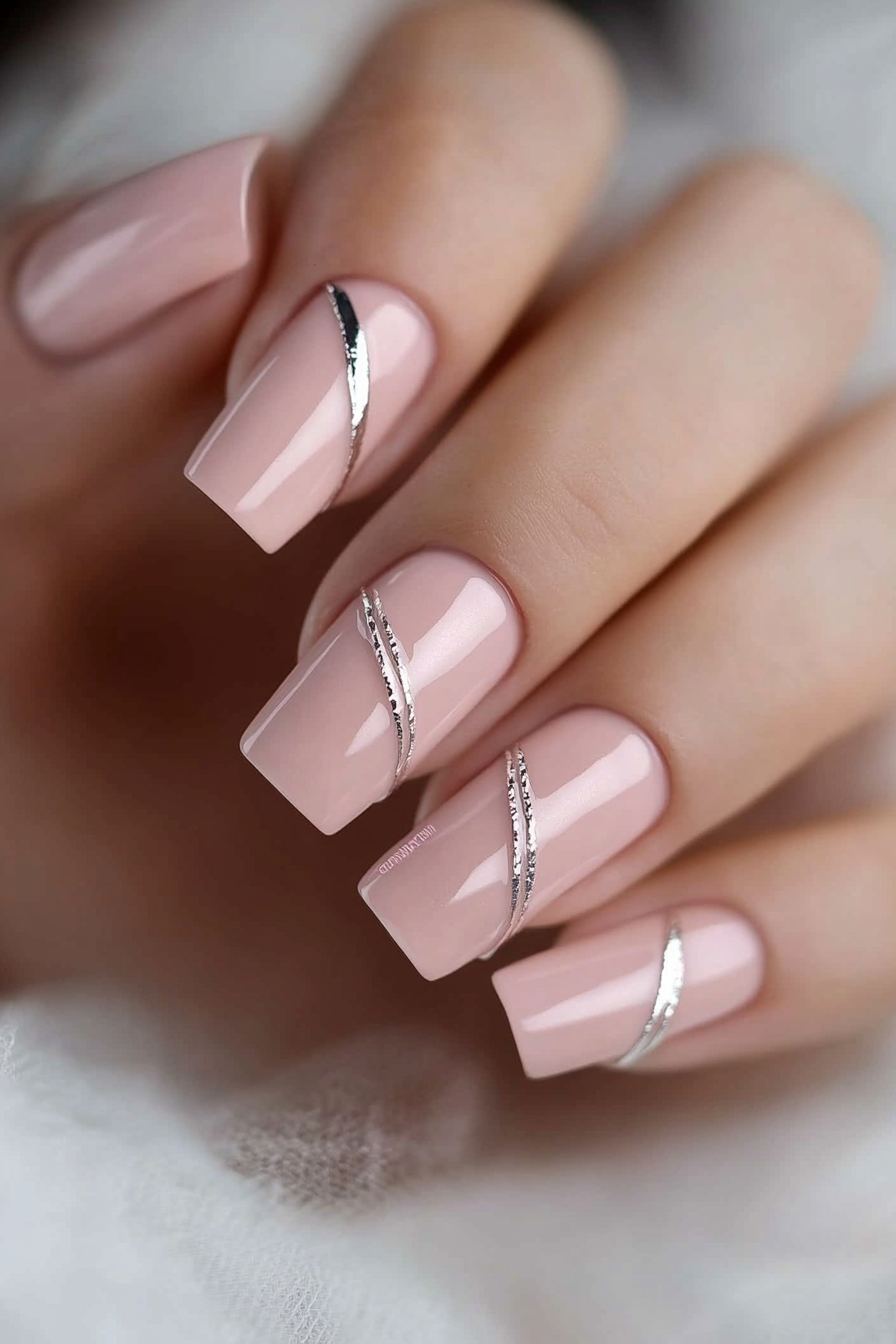 26. Subtle Peach with Silver Lines (Elegant Nail Art Design Ideas) - Elegant Nail Art Design Ideas