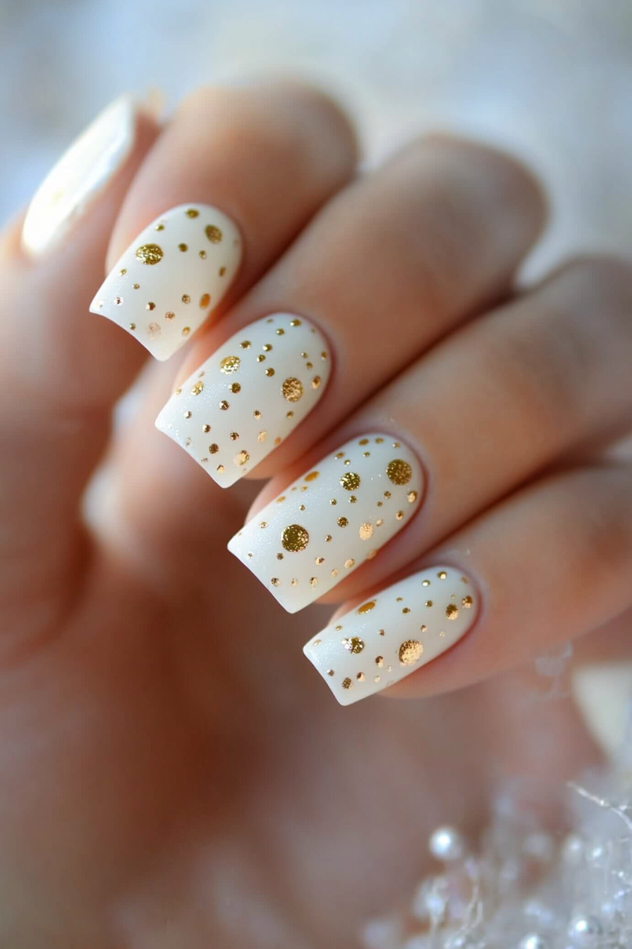 27. Pearl White with Gold Dots (Elegant Nail Art Design Ideas) - Elegant Nail Art Design Ideas