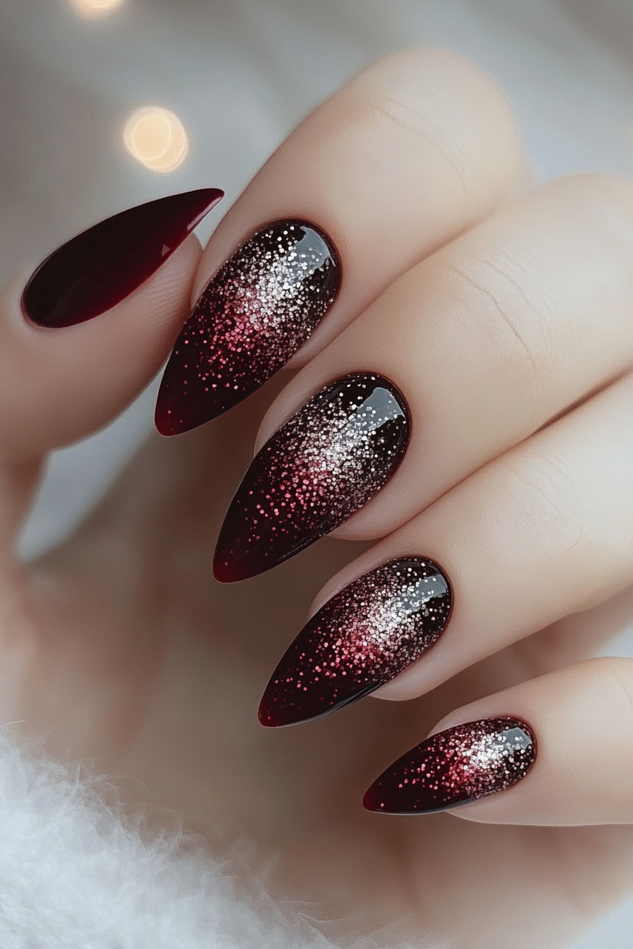 6. Maroon Glitter Gradient (Maroon Color Nail Design Ideas) - Maroon Color Nail Design Ideas