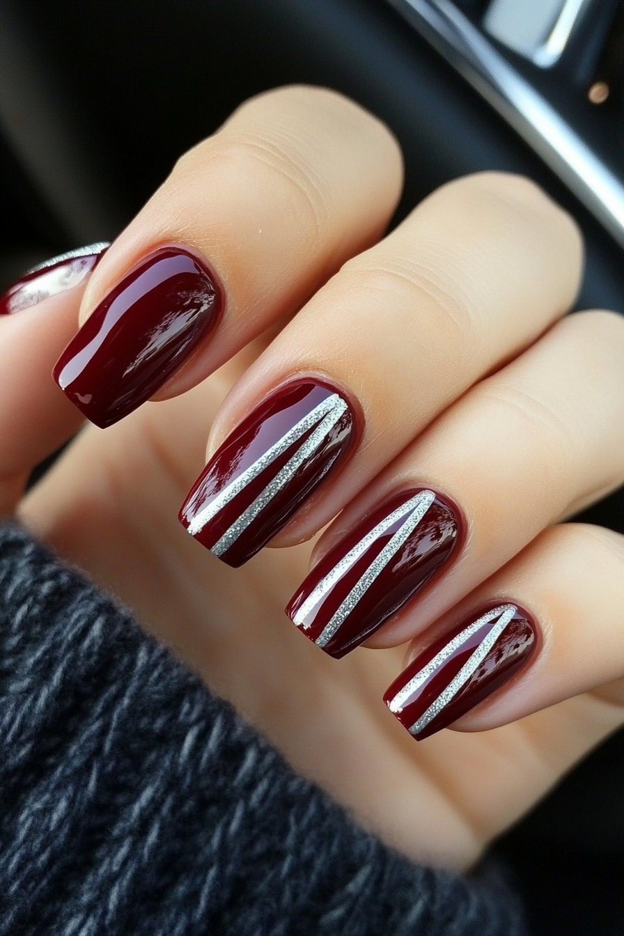 9. Maroon and Silver Stripes (Maroon Color Nail Design Ideas) - Maroon Color Nail Design Ideas