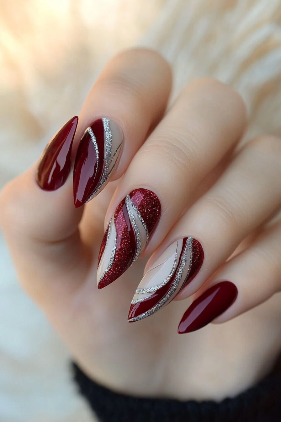 11. Maroon and Light Beige Abstract Art (Maroon Color Nail Design Ideas) - Maroon Color Nail Design Ideas