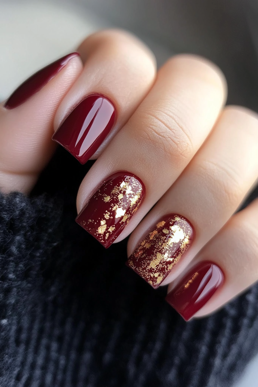 13. Maroon and Rose Gold Foil (Maroon Color Nail Design Ideas) - Maroon Color Nail Design Ideas