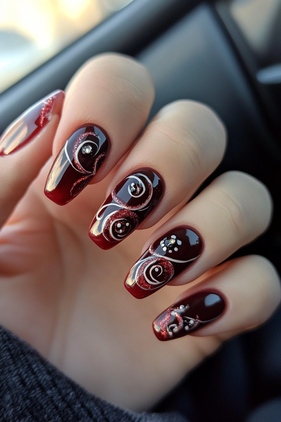 14. Maroon Swirls on Transparent Base (Maroon Color Nail Design Ideas) - Maroon Color Nail Design Ideas