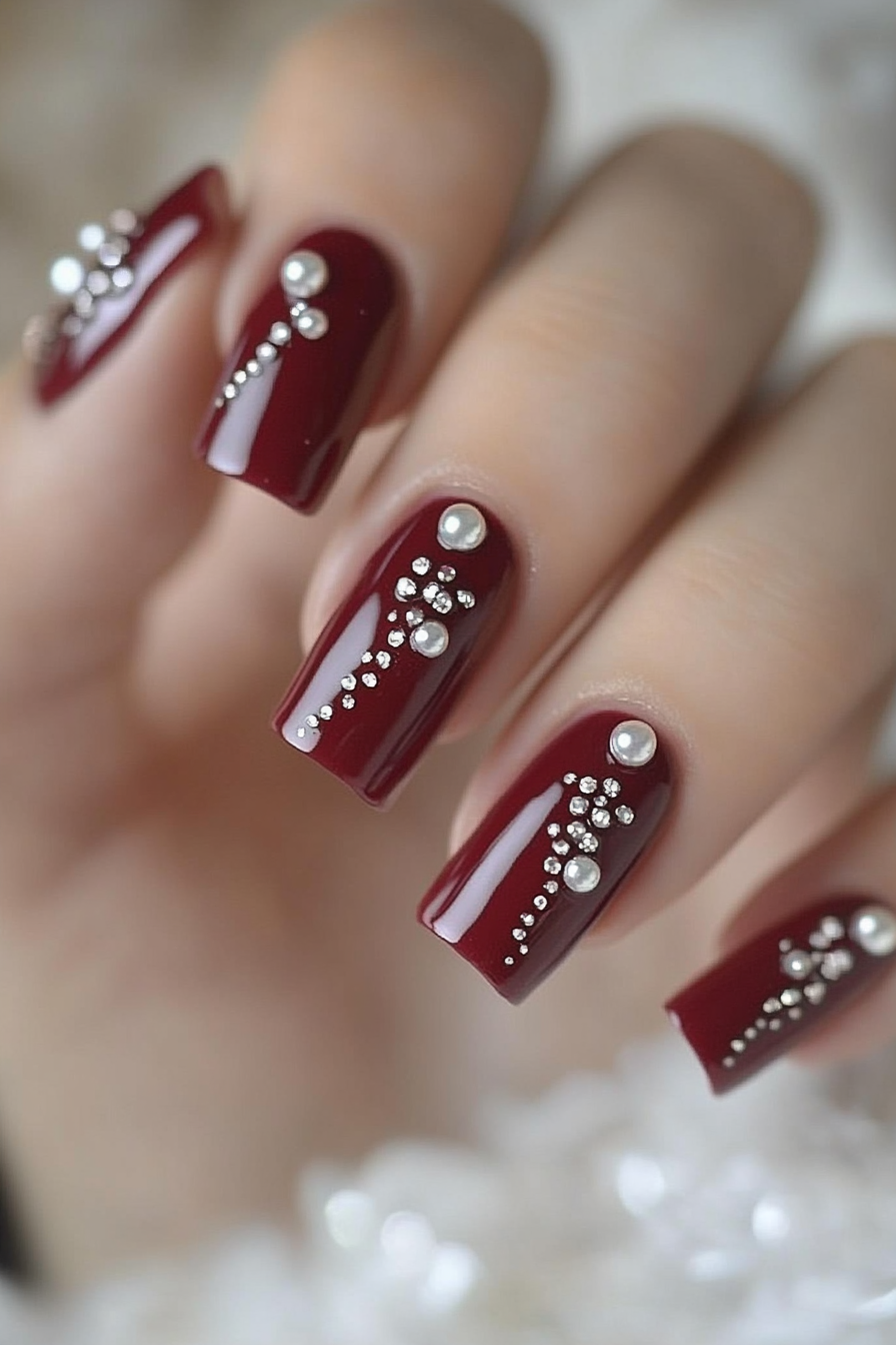 17. Maroon and Pearl Embellishments (Maroon Color Nail Design Ideas) - Maroon Color Nail Design Ideas