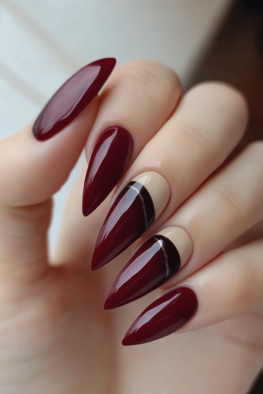 18. Maroon and Light Beige Half-Moon Design (Maroon Color Nail Design Ideas) - Maroon Color Nail Design Ideas