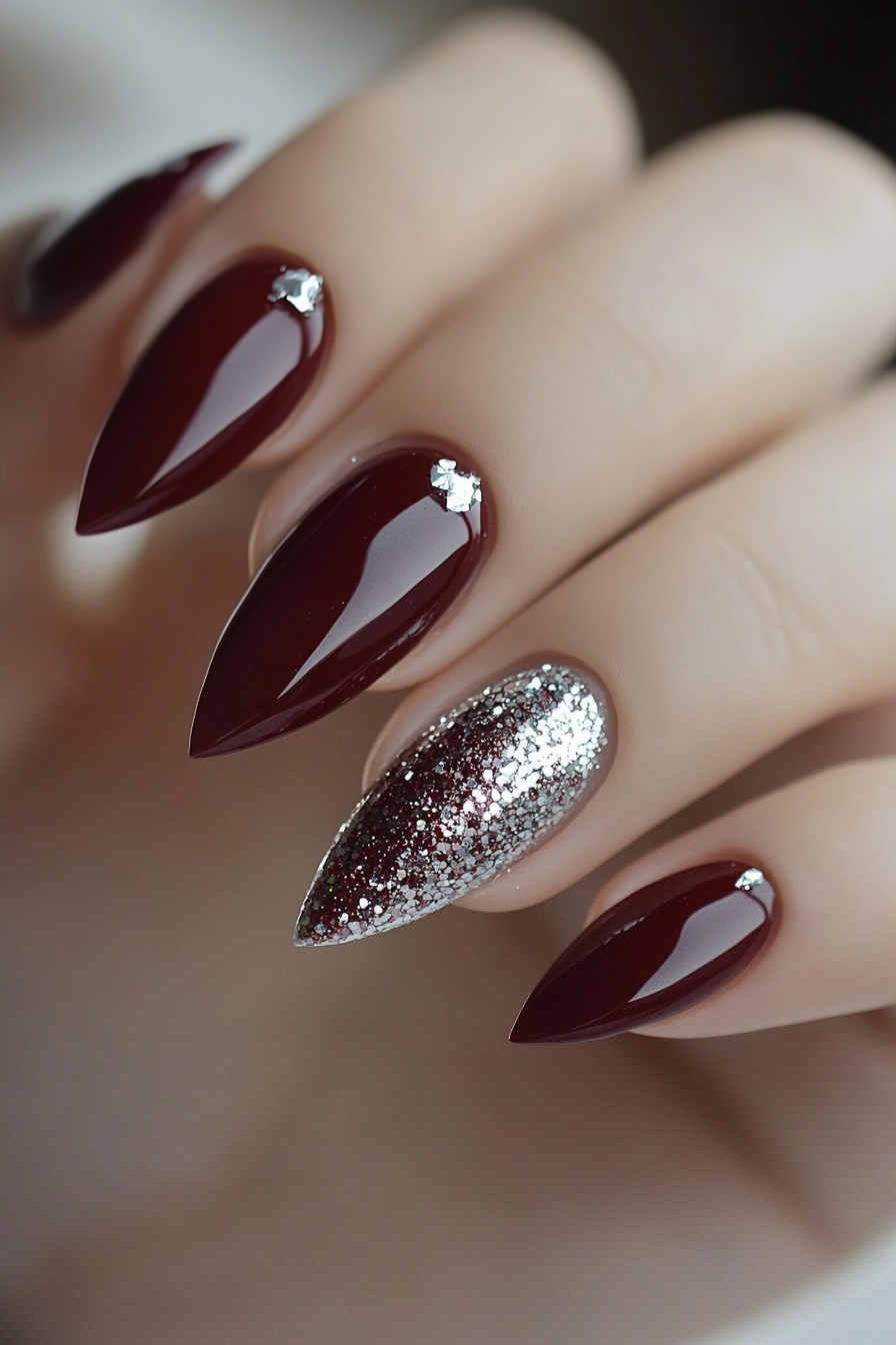 19. Maroon with Silver Glitter Tips (Maroon Color Nail Design Ideas) - Maroon Color Nail Design Ideas